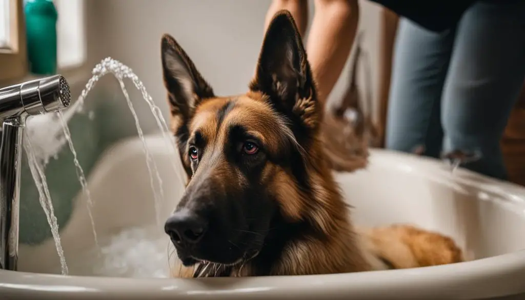 German Shepherd bathing