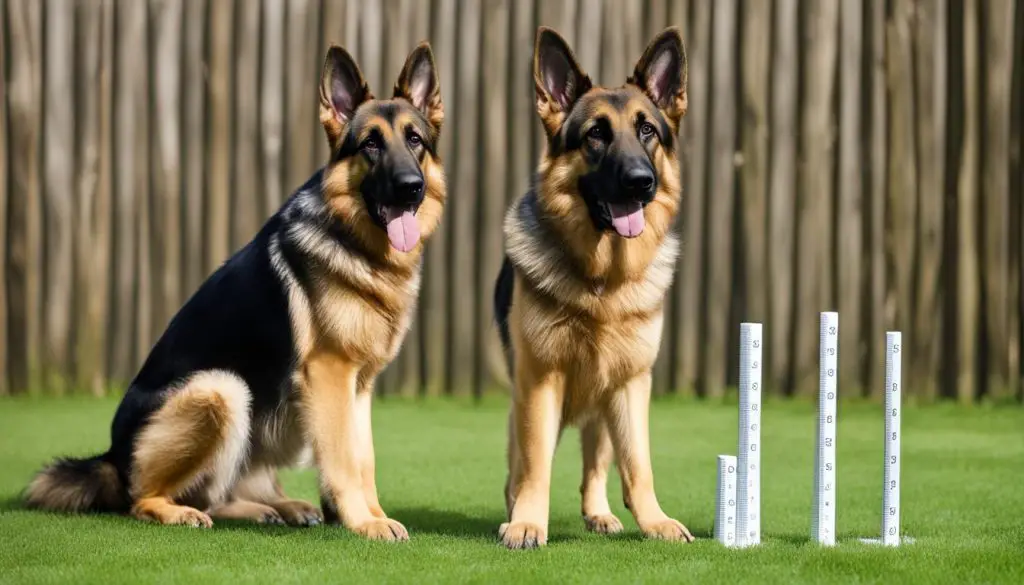 German shepherd standing on growth chart